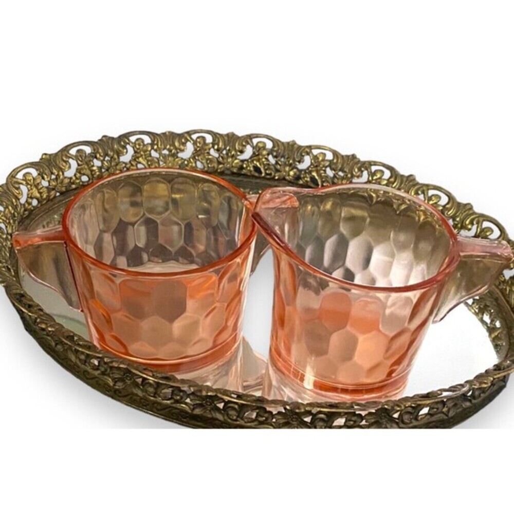 Jeannette Glass Hex Honeycomb Pink Depression Sugar Creamer Grandmillenial